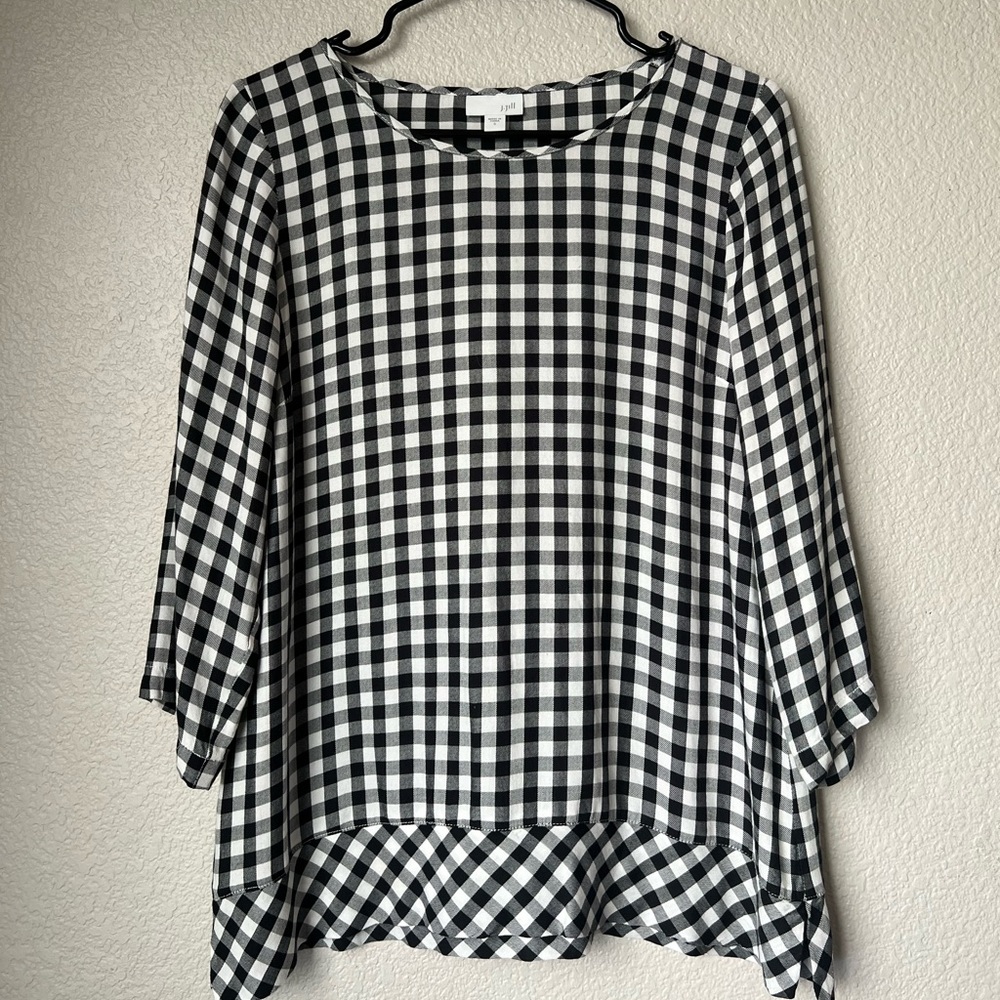 J Jill Black and White Gingham 3/4 Sleeve Blouse, S